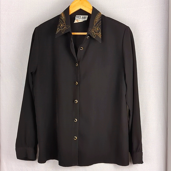 CHANEL silk Vintage COCO Mark Gold Button Round Collar Long Sleeve blouse Shirt tops 110268B0 Red gold 42